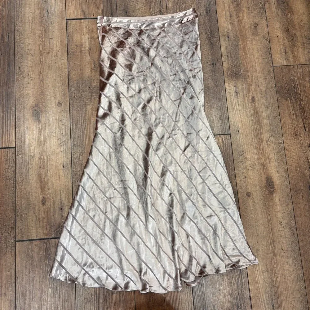 Michelle Mason Silk Midi Skirt Blush Pink Striped Velvet Diagonal Bias Cut Sz 0